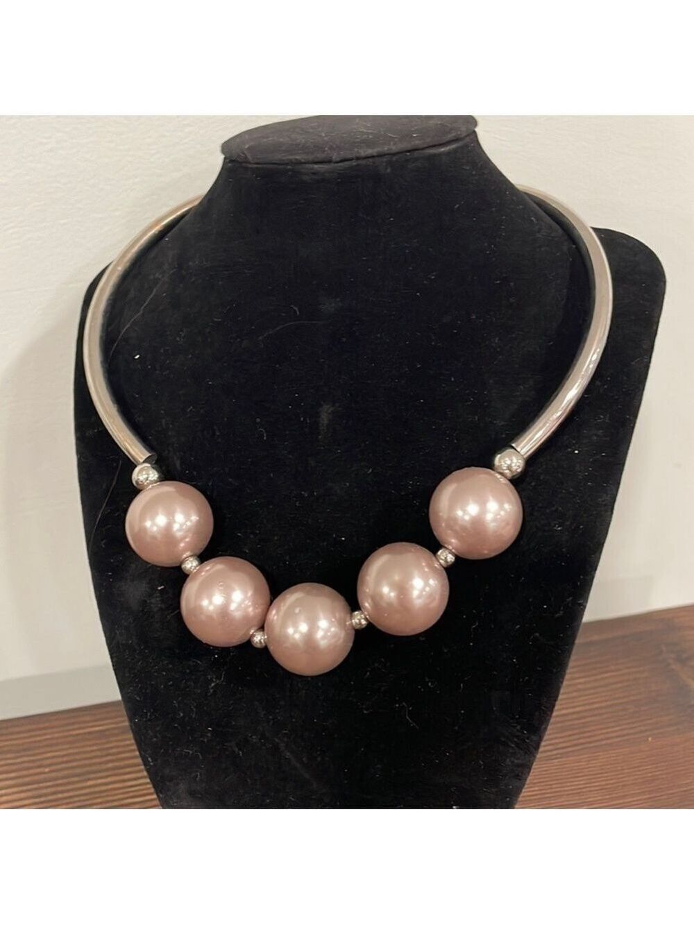 Silver tone large grey faux pearl necklace